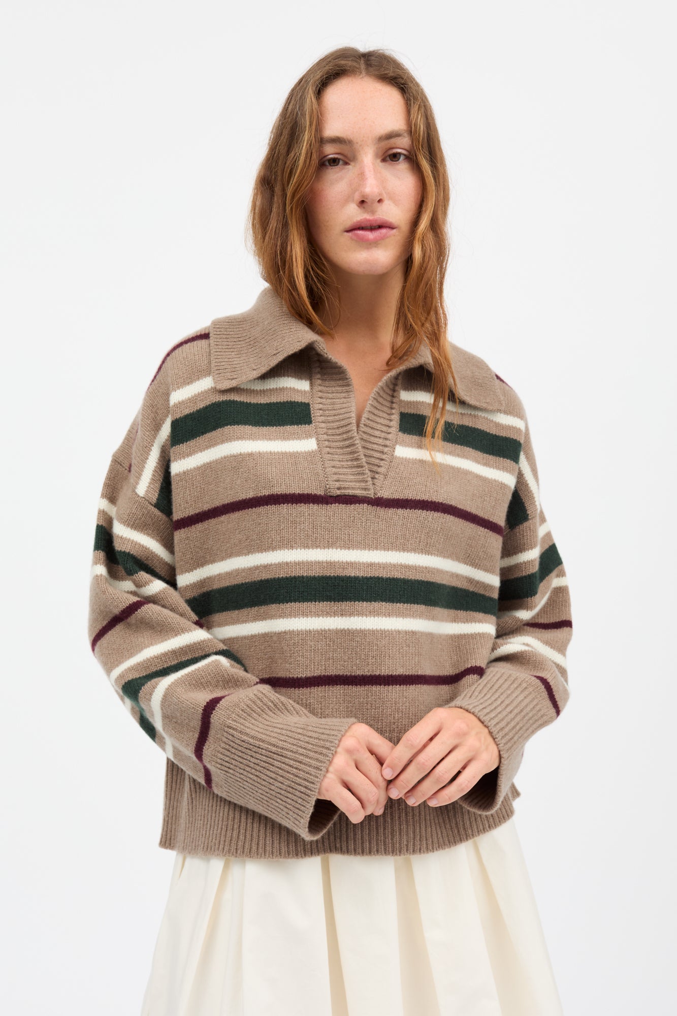 Paul V-neck jumper - Light brown/green/wine stripe – Skall Studio UK