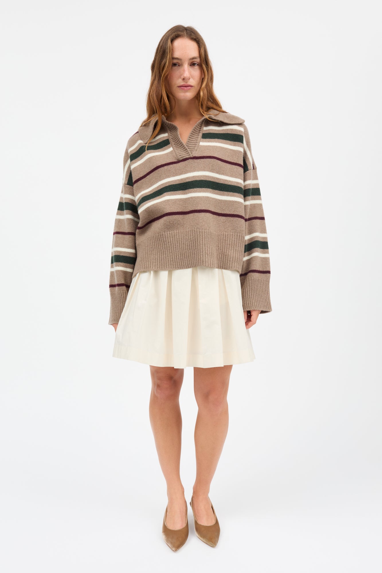 Paul V-neck jumper - Light brown/green/wine stripe – Skall Studio UK